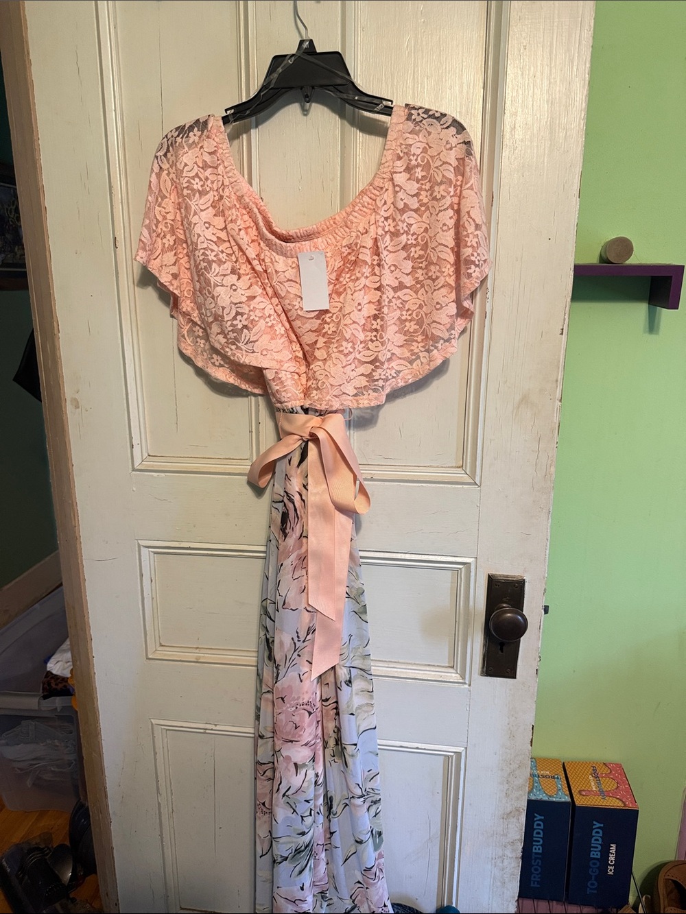 Women's Pink Floral Lace Maxi Dress with Sash